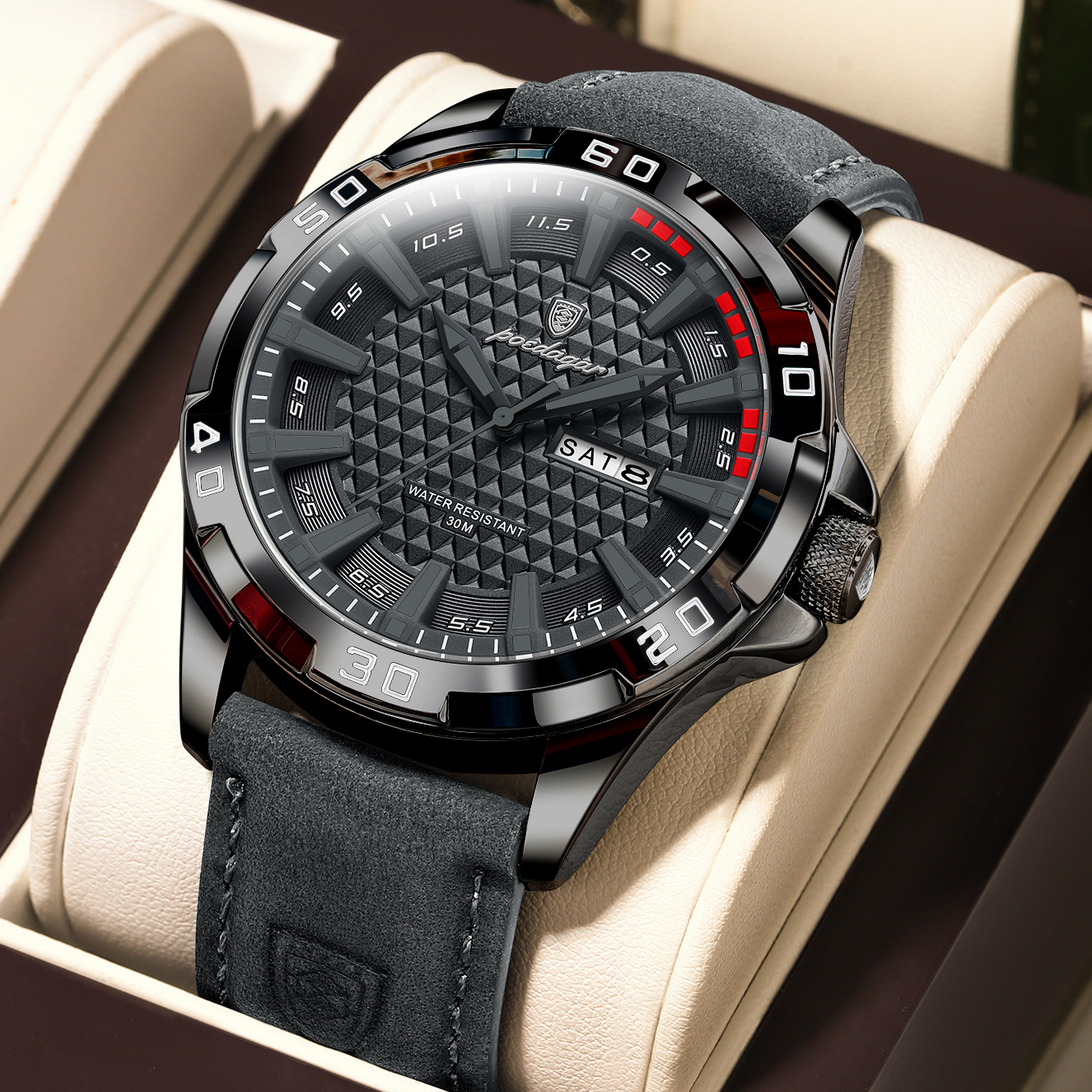 Poedagar 895 Sport Men Watch Geometric Dial Date Luminous Leather Strap Quartz Business Casual Waterproof Luxury Wristwatch