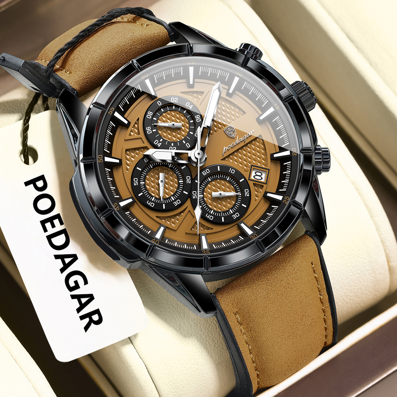 Poedagar 692 Luxury Sports Chronograph Quartz Watch Genuine Leather Strap Waterproof Luminous Men's Watch