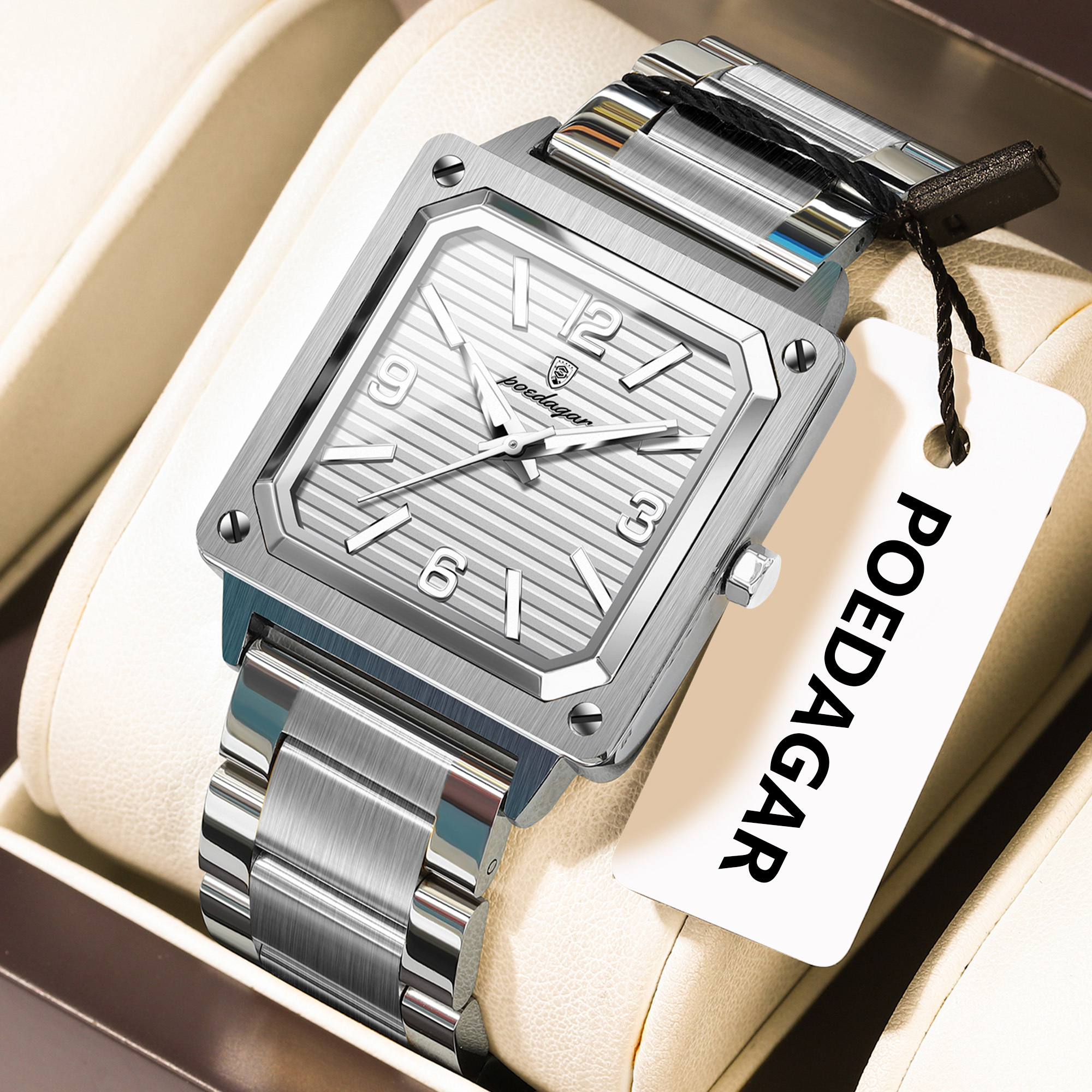 Poedagar 870 Luxury Mens Quartz Watch Square Dial Reloj Business Waterproof Luminous Stainless Steel Watch for Men Montre Homme