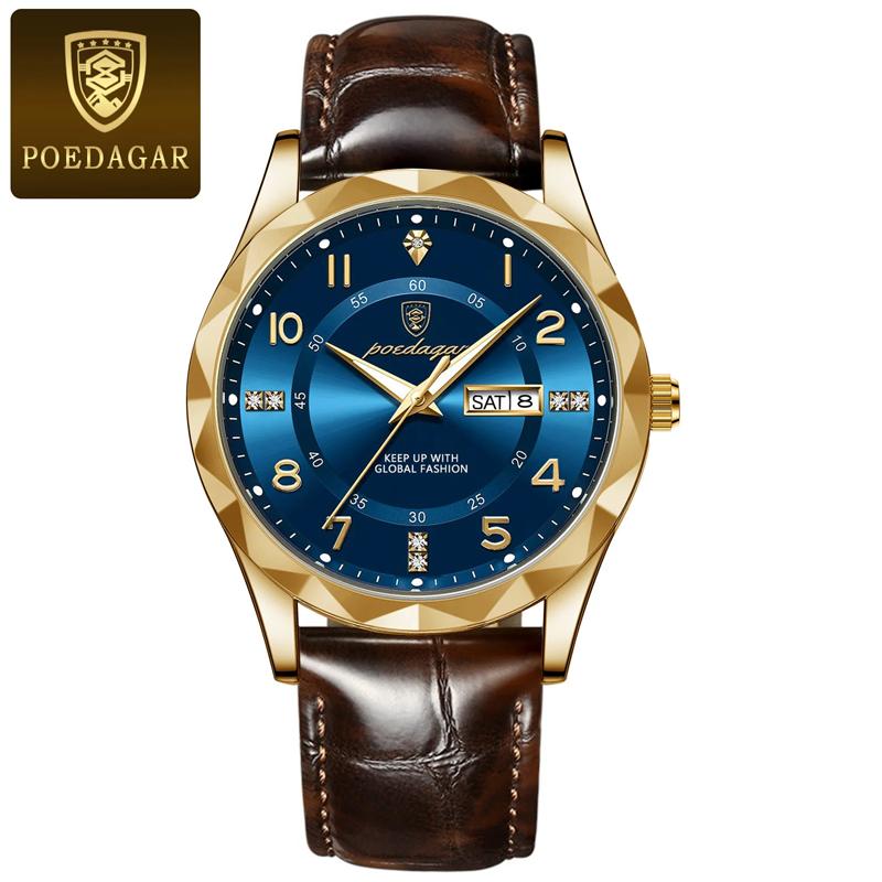 Poedagar 858 Men's Quartz Watches Luxury Date Week Leather Strap Wristwatch Waterproof Luminous Watch for Men Reloj Wholesale