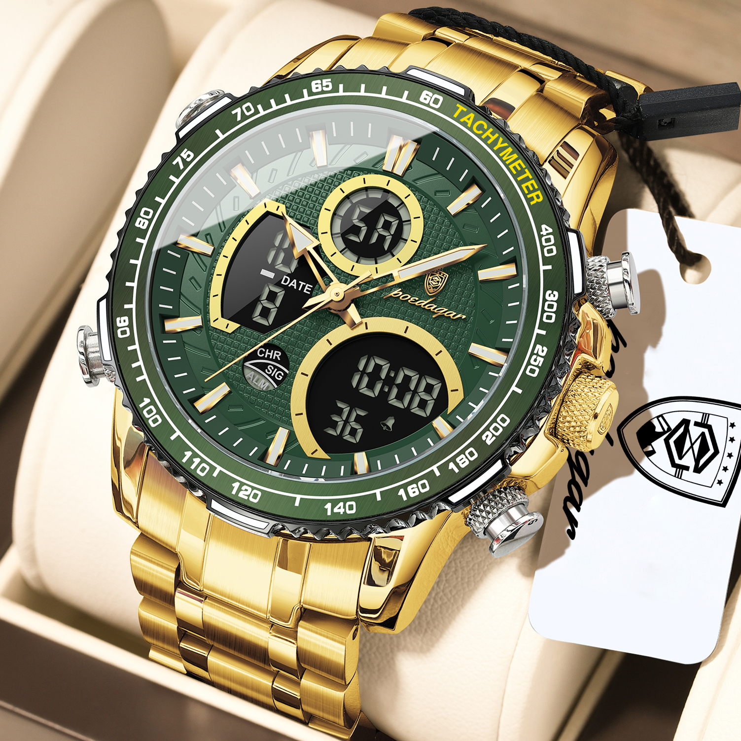 Poedagar E127 Men's Watch Luxury Analog-Digital Watches Dual Display Herrenuhr Luminous Waterproof Stainless Steel Watch for Men