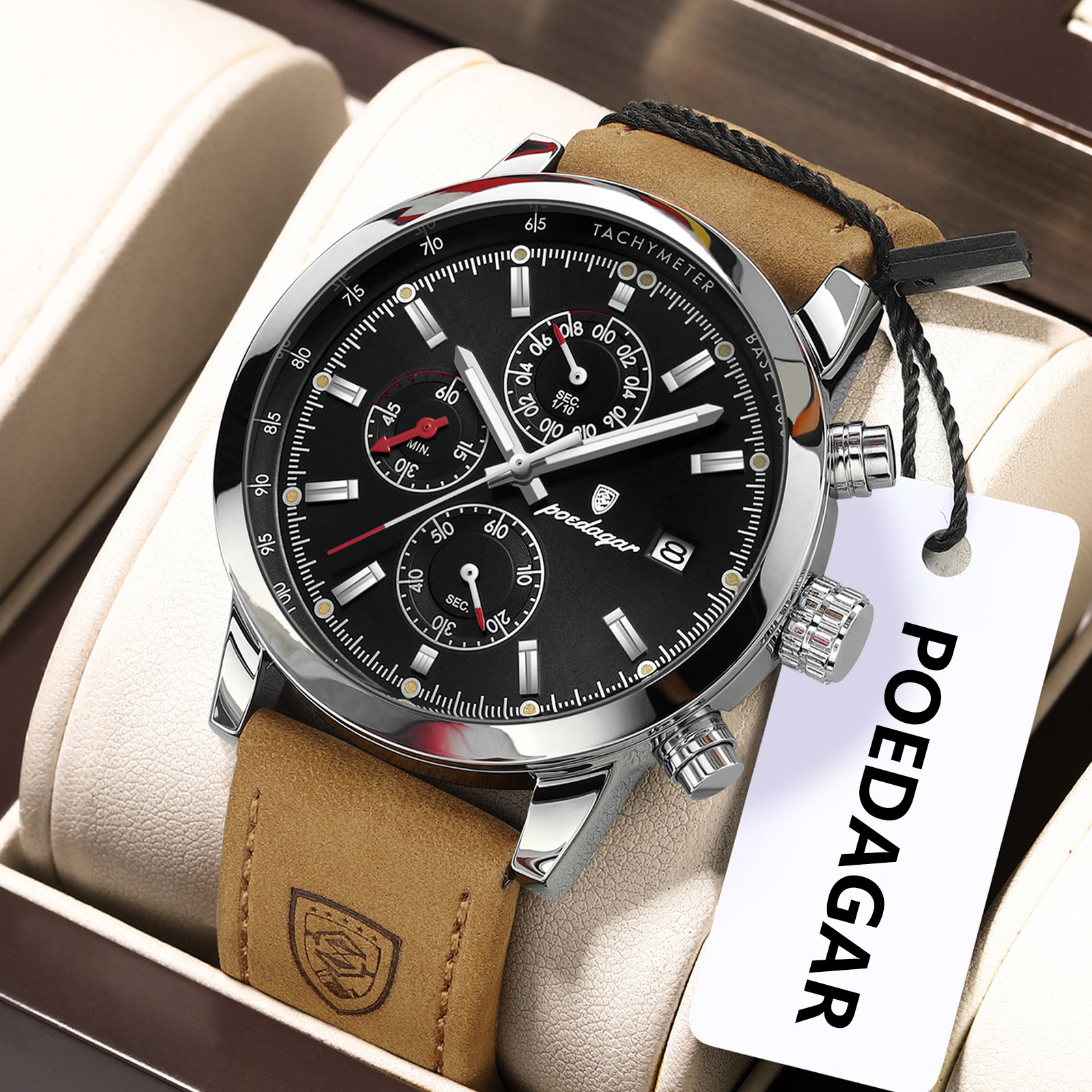 Poedagar 932 Men's Watch Luxury Leather Strap Chronograph Waterproof Quartz Watches Luminous Wristwatch for Men Reloj Wholesale