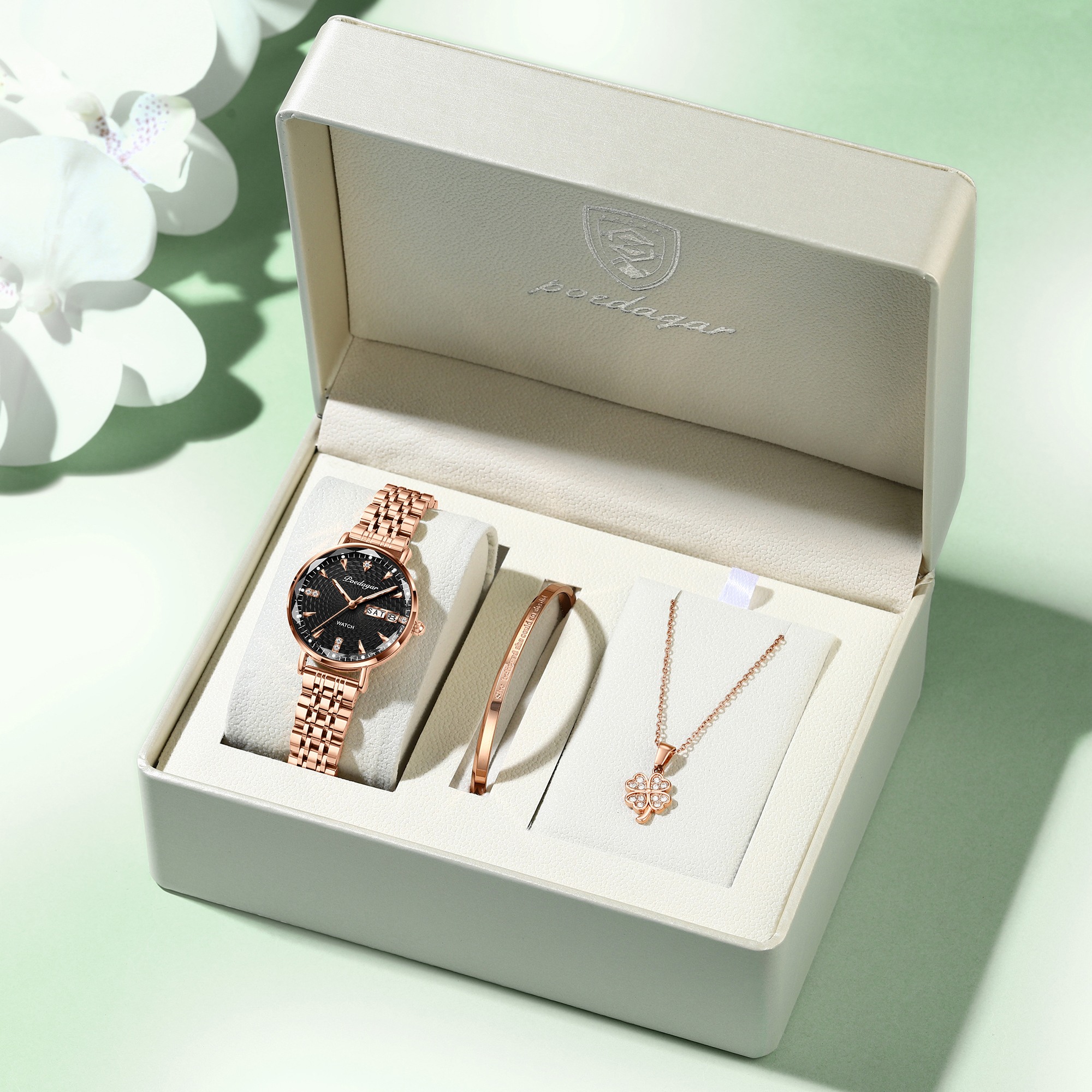 Poedagar 312 Luxury Ladies Watch & Bracelet Gift Set Stainless Steel Date Week Quartz Watches Waterproof Luminous Watch for Girl